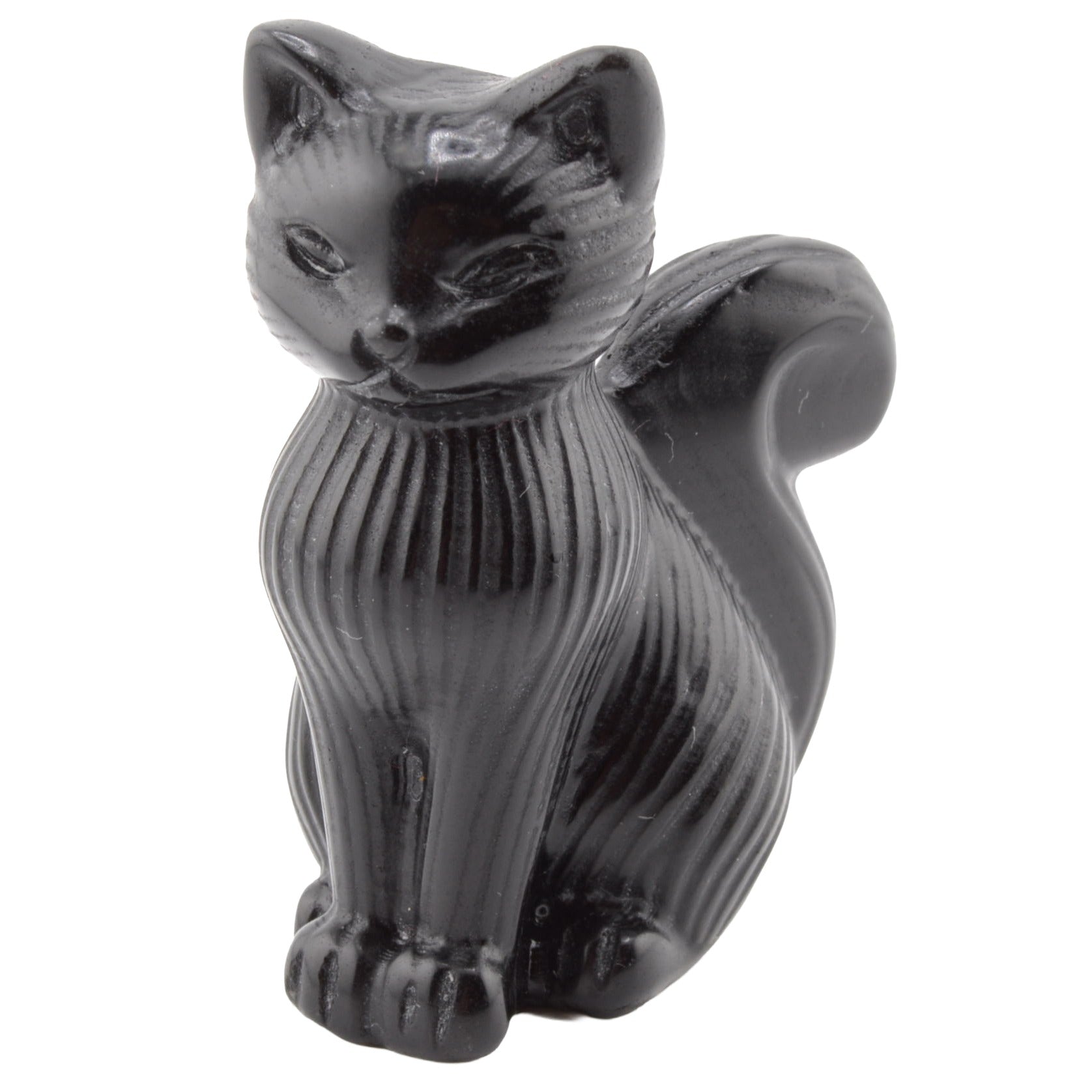 A glossy black obsidian cat figurine with a ribbed texture, shown against a plain white background.