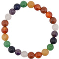 A multicolor beaded chakra bracelet made of polished round gemstone beads in shades of orange, green, purple, white, and brown, arranged in a circle on a plain white background.