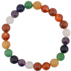 A multicolor beaded chakra bracelet made of polished round gemstone beads in shades of orange, green, purple, white, and brown, arranged in a circle on a plain white background.