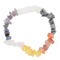 A rainbow crystal chip bracelet made of small, irregular gemstone pieces arranged in a circular shape on a white background.