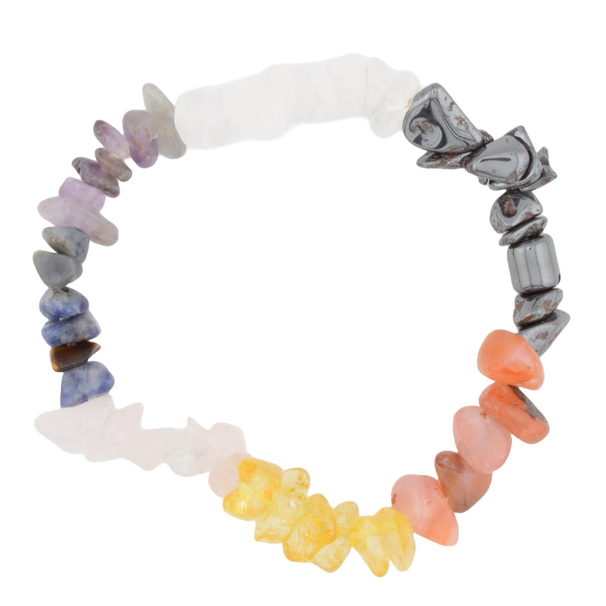 A rainbow crystal chip bracelet made of small, irregular gemstone pieces arranged in a circular shape on a white background.