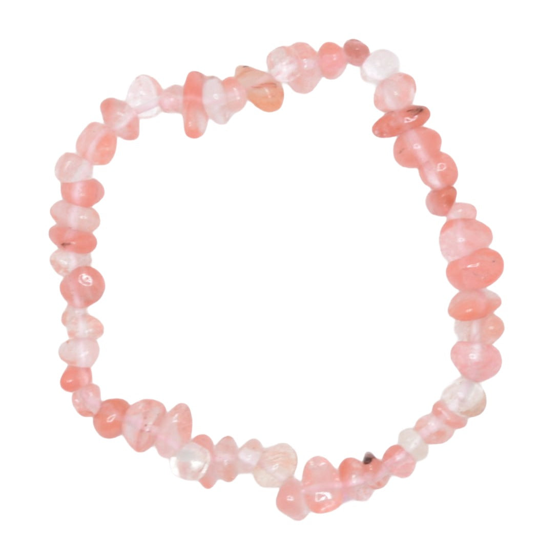 A beaded stretch bracelet made of small, irregular peach-pink translucent gemstone chips, arranged in a circle on a plain white background.