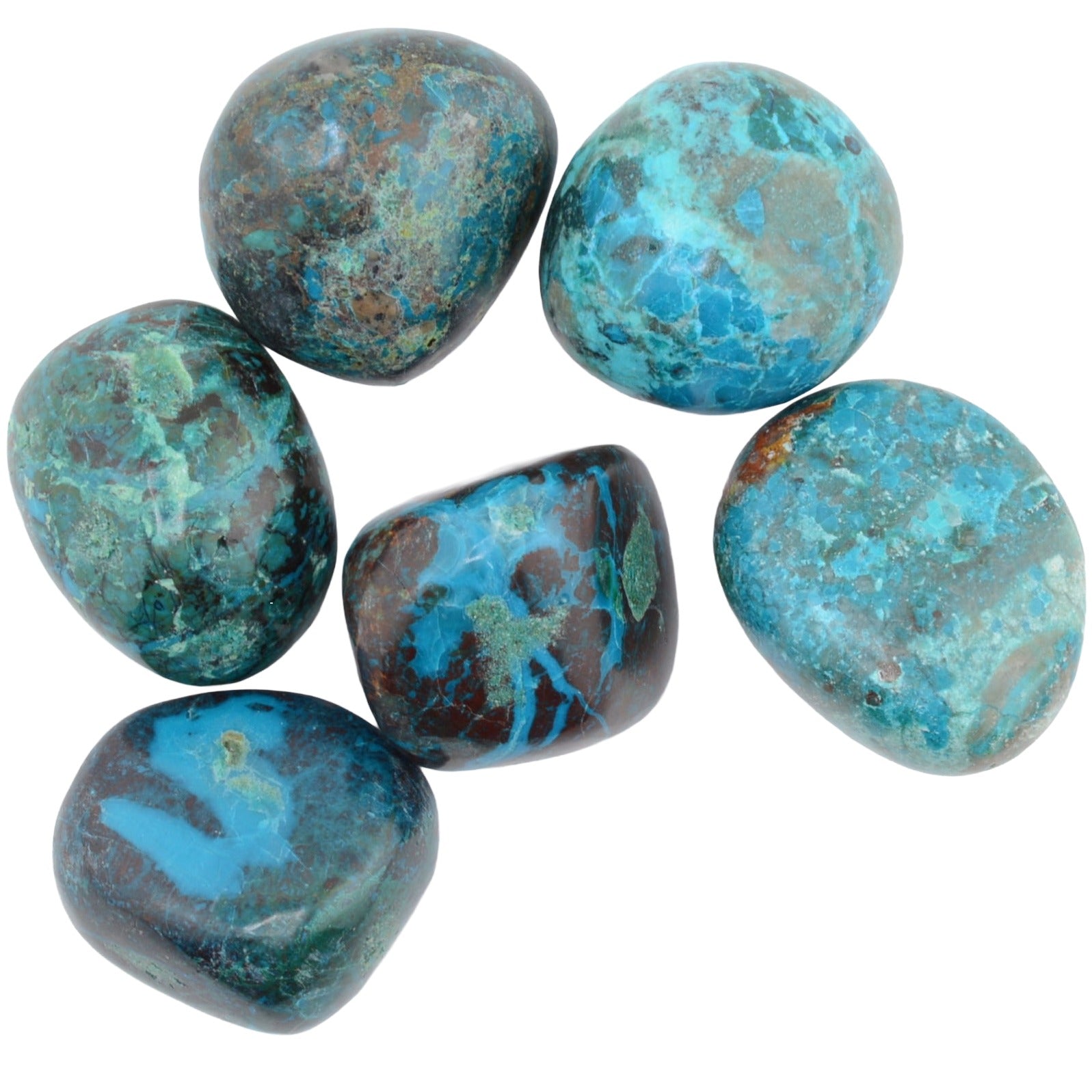 Six polished tumbled chrysocolla gemstones with a natural turquoise and green matrix pattern, arranged on a plain white background.
