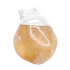 A teardrop-shaped natural citrine crystal pendant with a silver plated bail, shown on a plain white background.