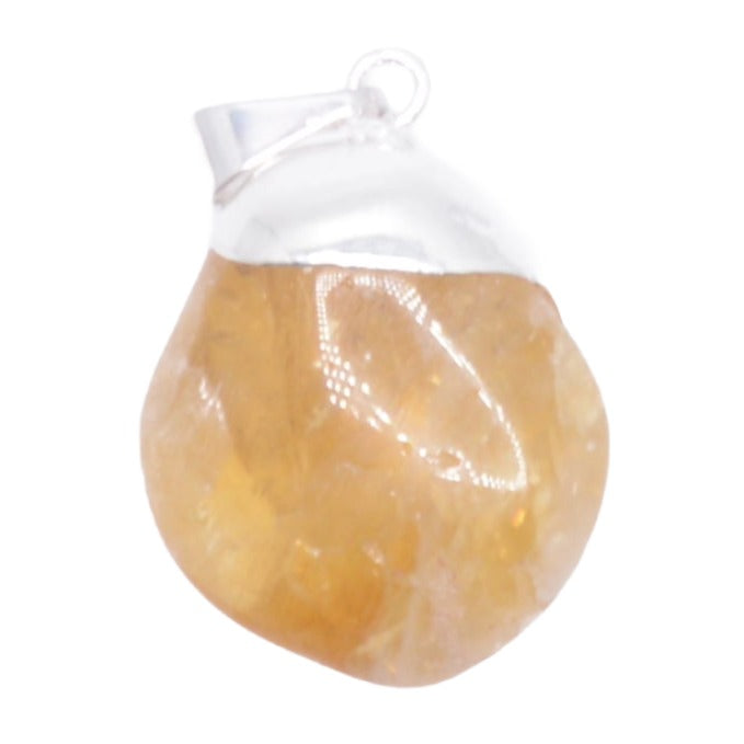 A teardrop-shaped natural citrine crystal pendant with a silver plated bail, shown on a plain white background.