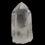 A natural clear quartz crystal point with visible internal inclusions and a rough, unpolished base, photographed against a solid black background.