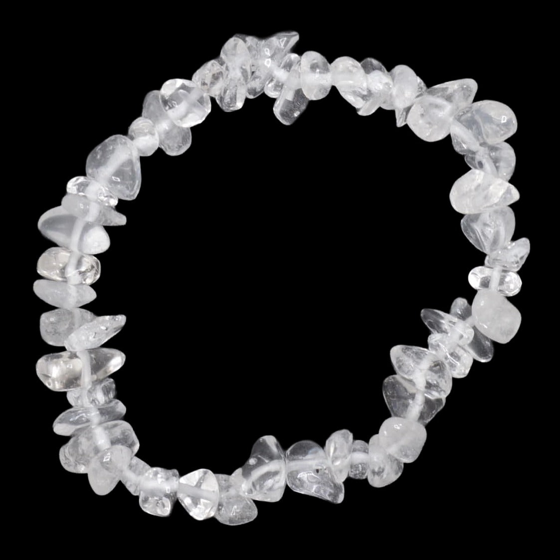 A clear quartz crystal chip bracelet made of irregular, faceted transparent stones, arranged in a circular shape against a solid black background.