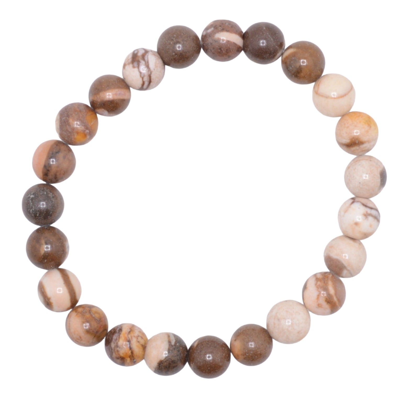 A beaded stretch bracelet made of round natural coffee zebra jasper beads in earthy brown, beige, and white marbled patterns, shown on a plain white background.