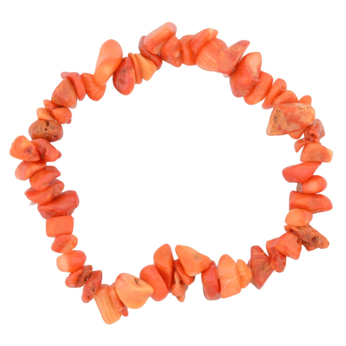 A circular beaded necklace made of irregular, chunky coral-orange stone chips, displayed on a clean white background.
