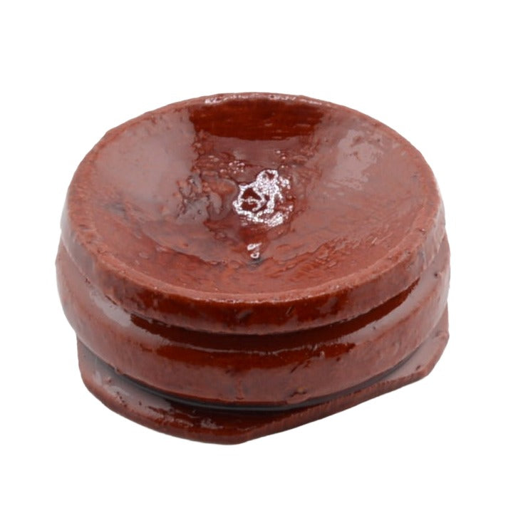 A small round brown wooden sphere holder with a glossy finish, isolated on a white background.