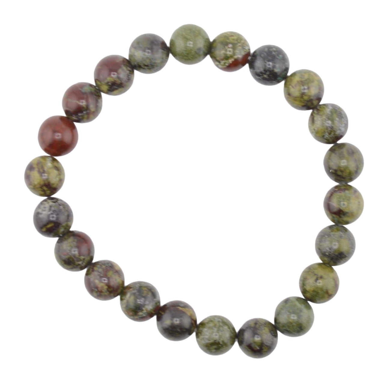A beaded stretch bracelet made of polished dragon blood jasper 8mm round stone beads in earthy olive green, brown, and reddish tones, arranged in a circular shape on a plain white background.