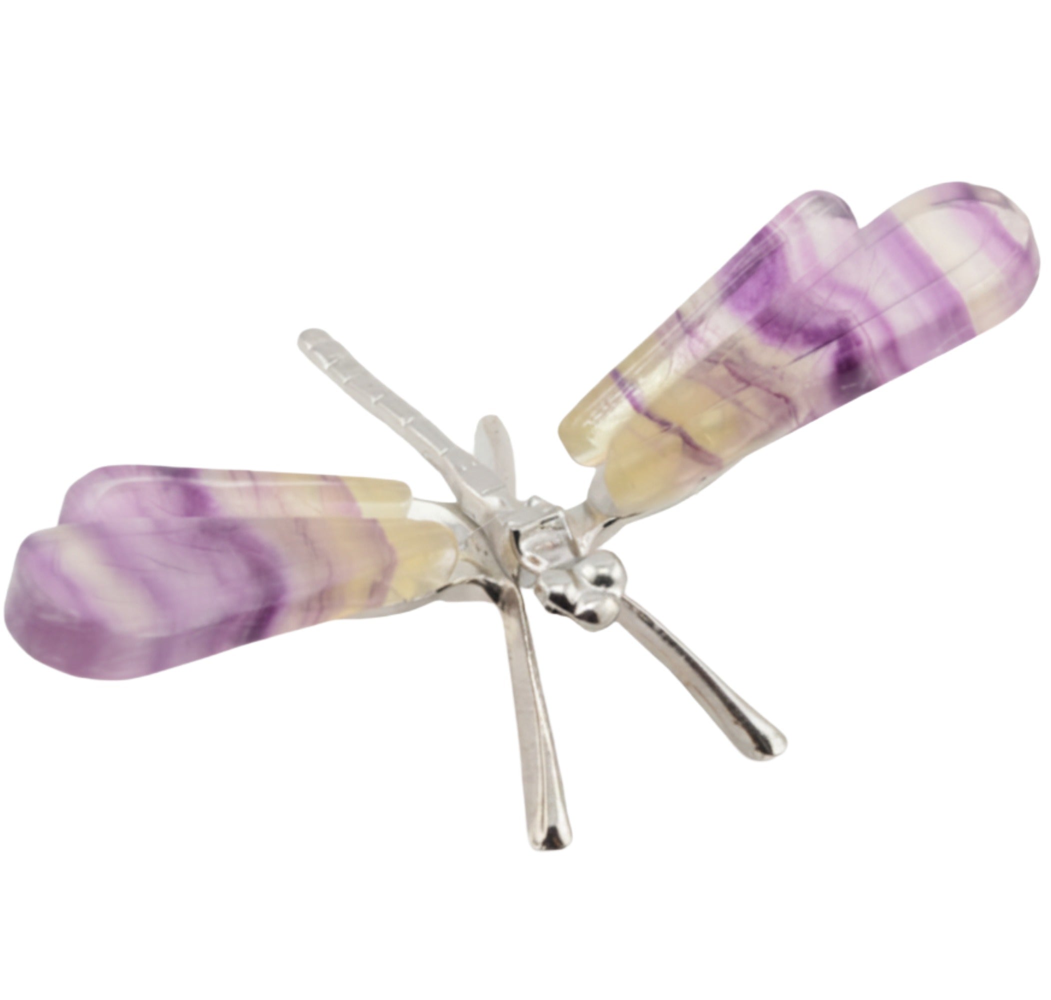 A dragonfly-shaped carving featuring purple and yellow fluortie wings attached to a silver-tone metal body, shown on a plain white background.