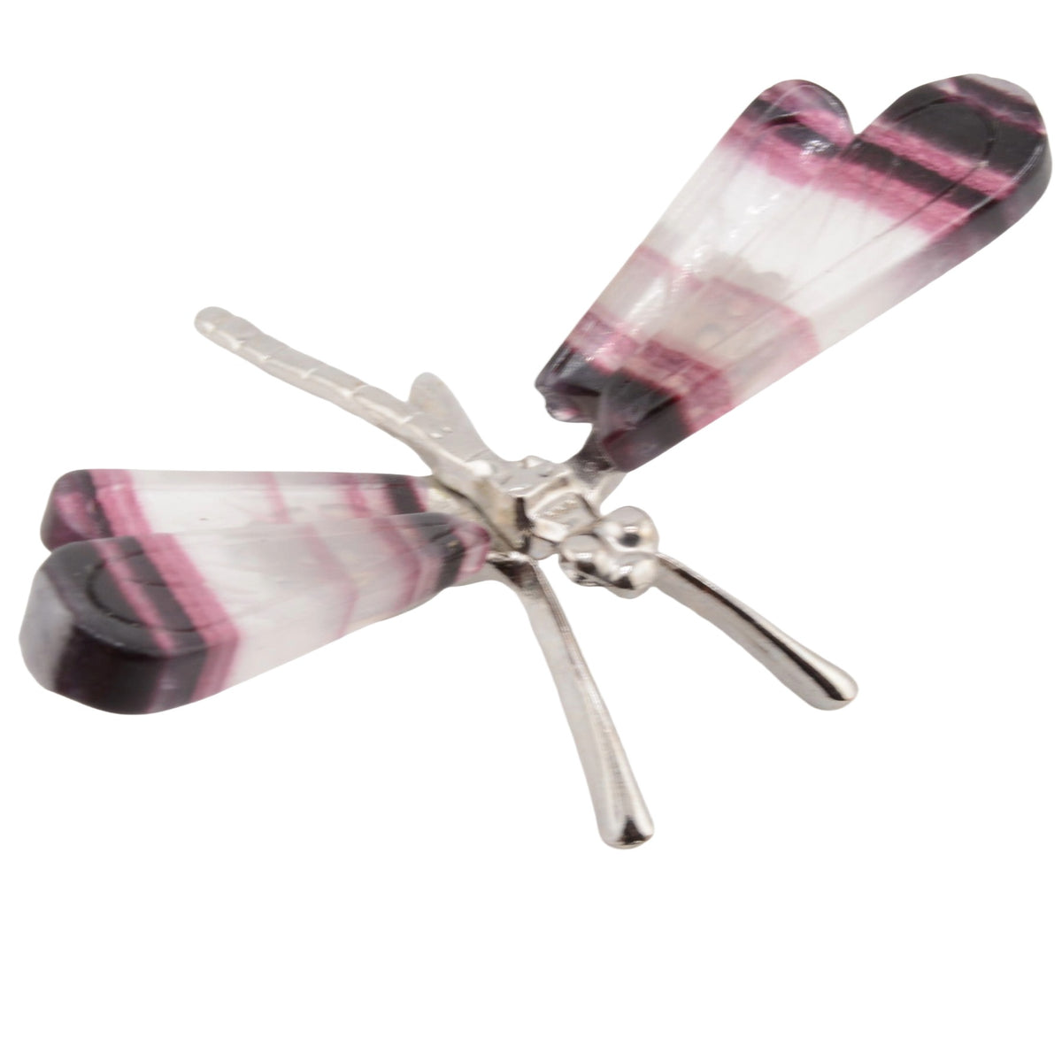 A dragonfly-shaped carving featuring fluorite wings with a polished silver-tone metal body and legs, shown on a plain white background.