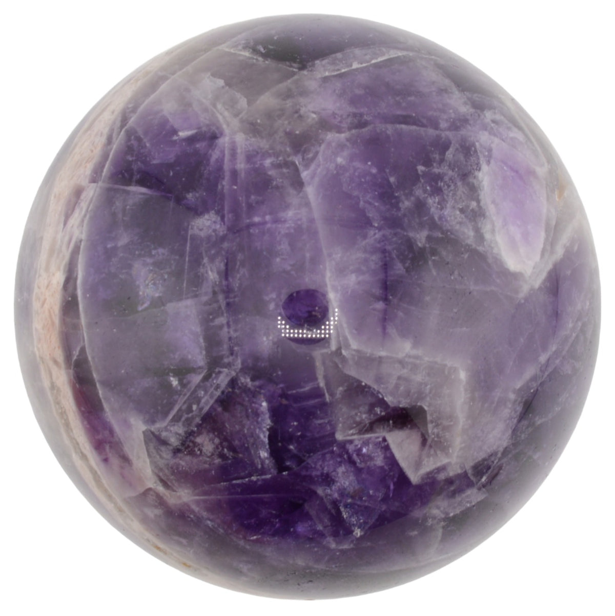 A polished purple dream amethyst crystal sphere, shown on a plain white background.