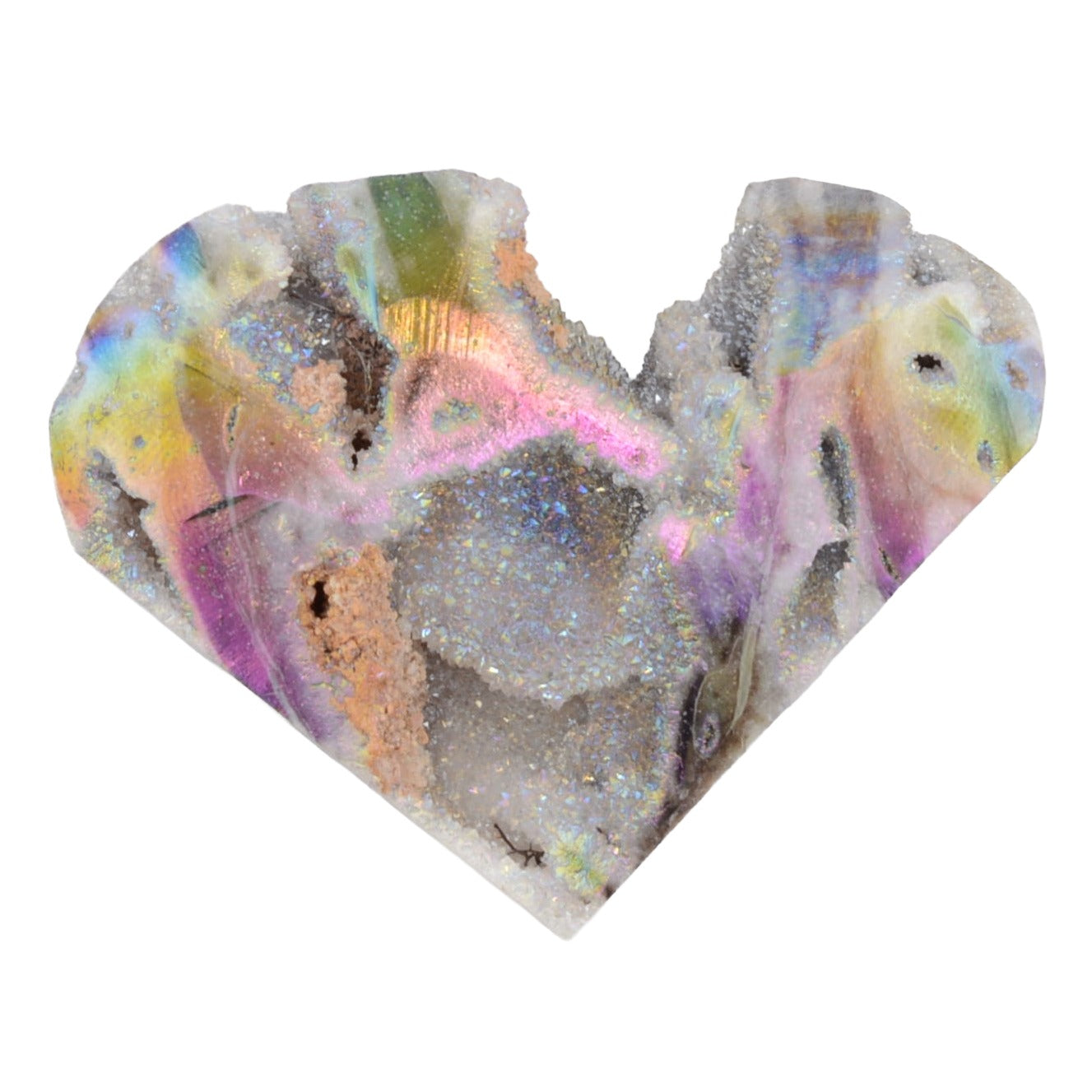 A Druzy Rainbow Aura Sphalerite Heart Shaped Carving. Measuring 72mm on a white background