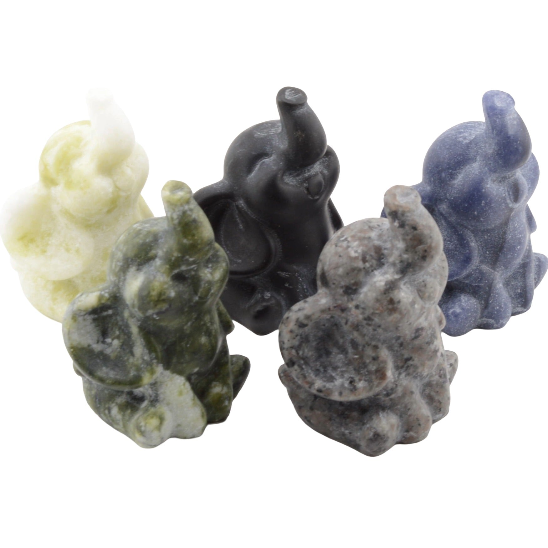 Fivesmall gemstone figurines shaped like seated elephants, shown in cream, olive green, charcoal gray, and slate blue on a plain white background.