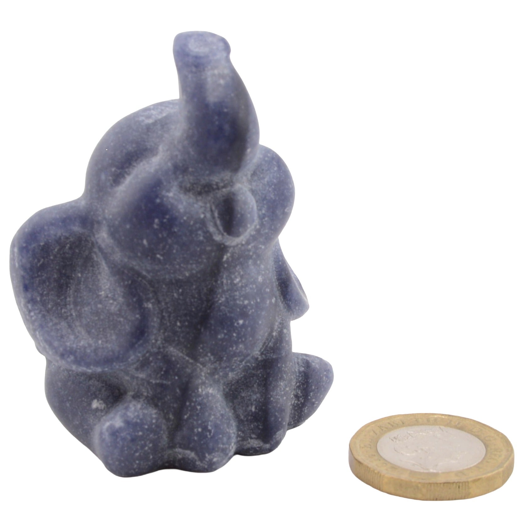 A 6cm blue quartz gemstone elephant figurine with a dusty, matte finish, shown next to a gold coin for scale on a plain white background.