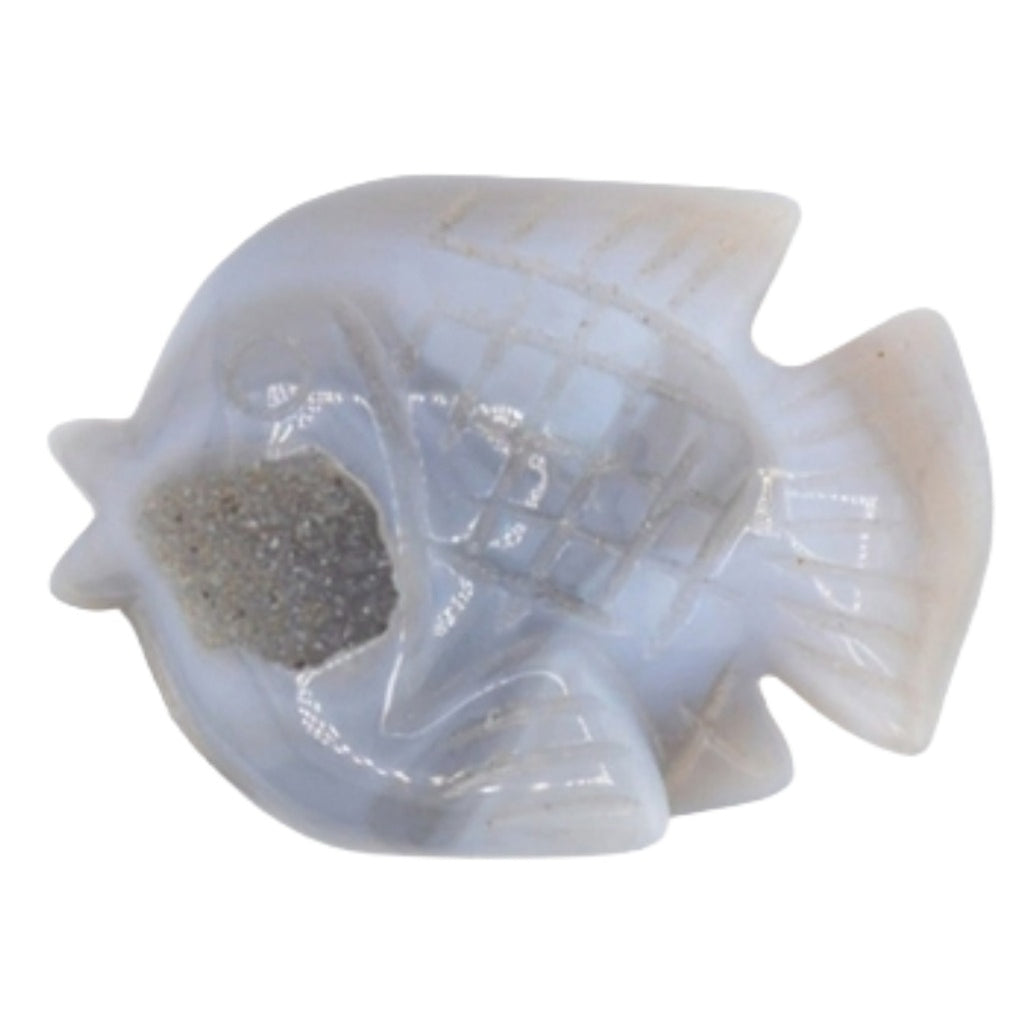 Fish Carving made from druzy agate on a white background