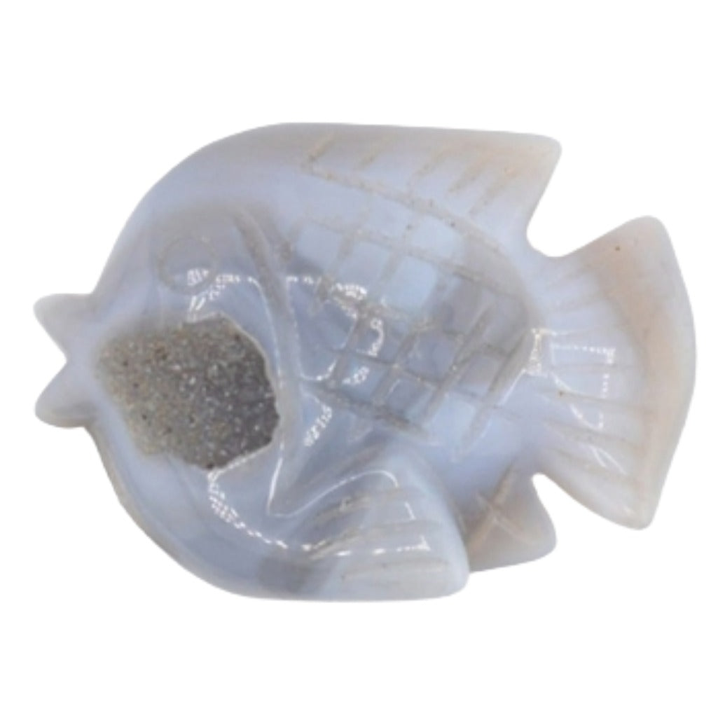 Fish Carving made from druzy agate on a white background