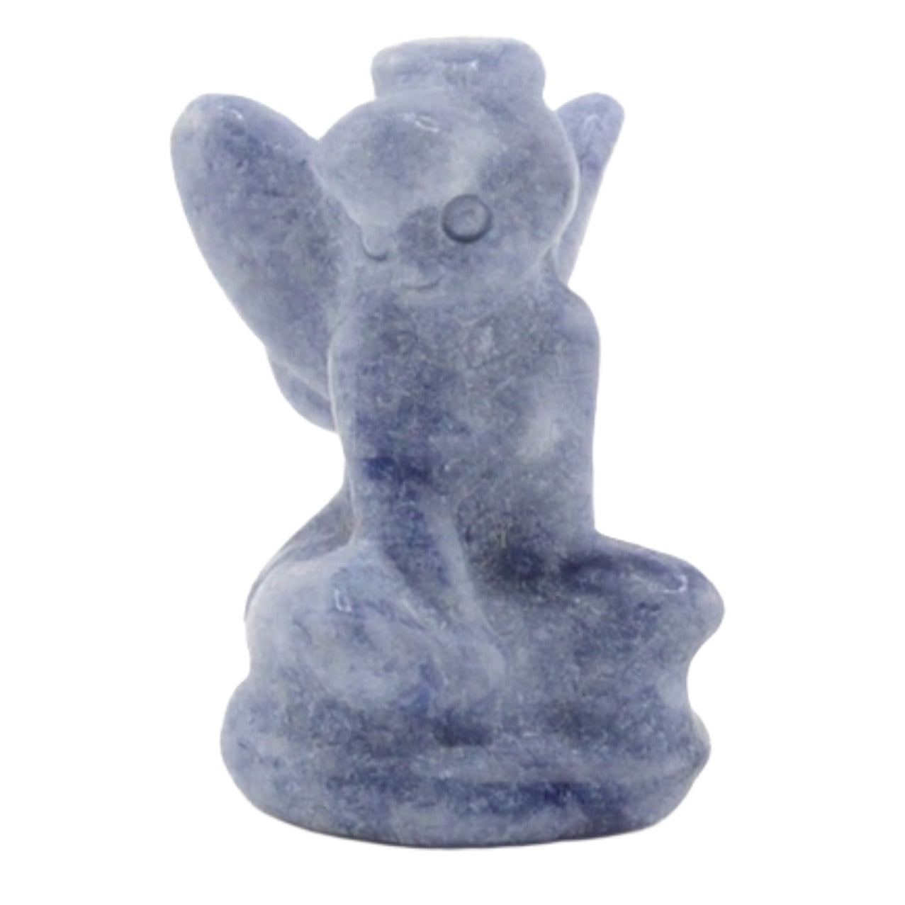 A small blue gemstone flower fairy figurine carved with wings and a halo, shown against a plain white background.