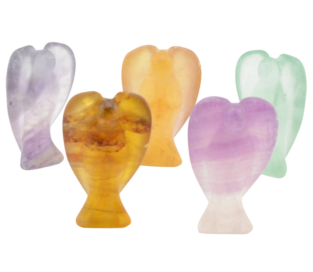 Five Fluorite Crystal carved angel figurines in different colors, arranged on a plain white background.