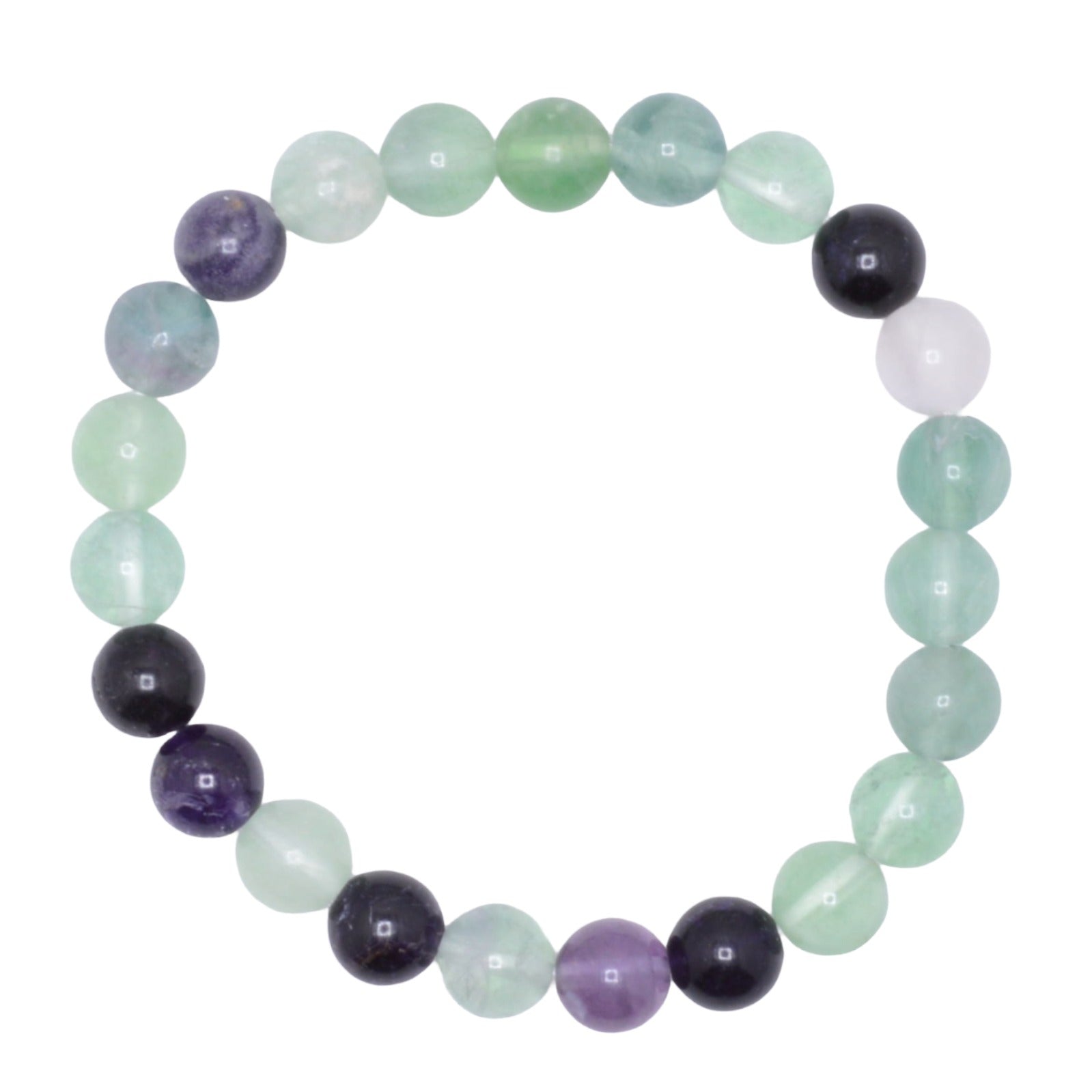 A beaded stretch bracelet made of rainbow fluorite gemstone beads in shades of green and purple, displayed on a clean white background.