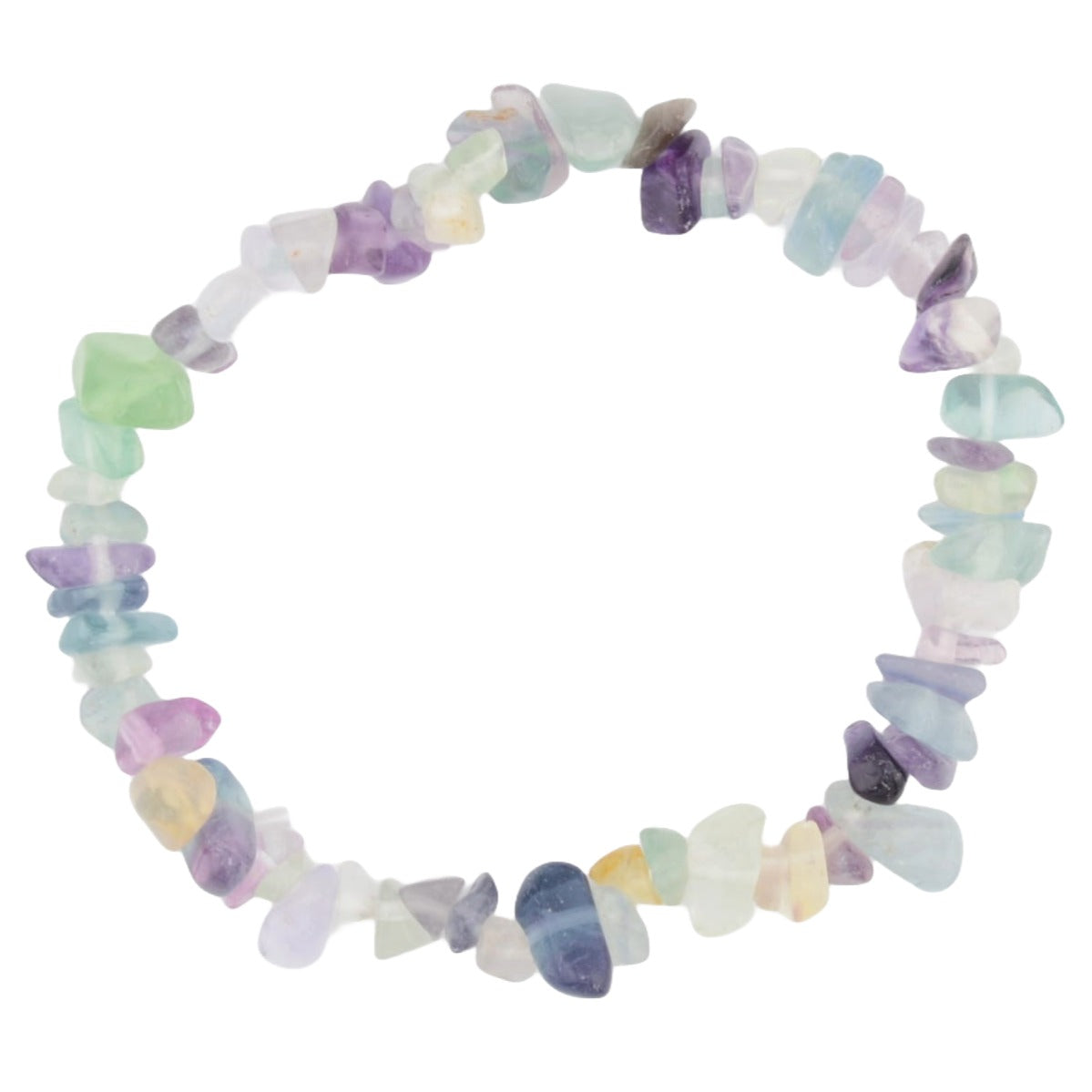 A beaded stretch bracelet made of irregular, polished fluorite gemstone chips in shades of purple, green and clear. Arranged in a circular shape on a plain white background.