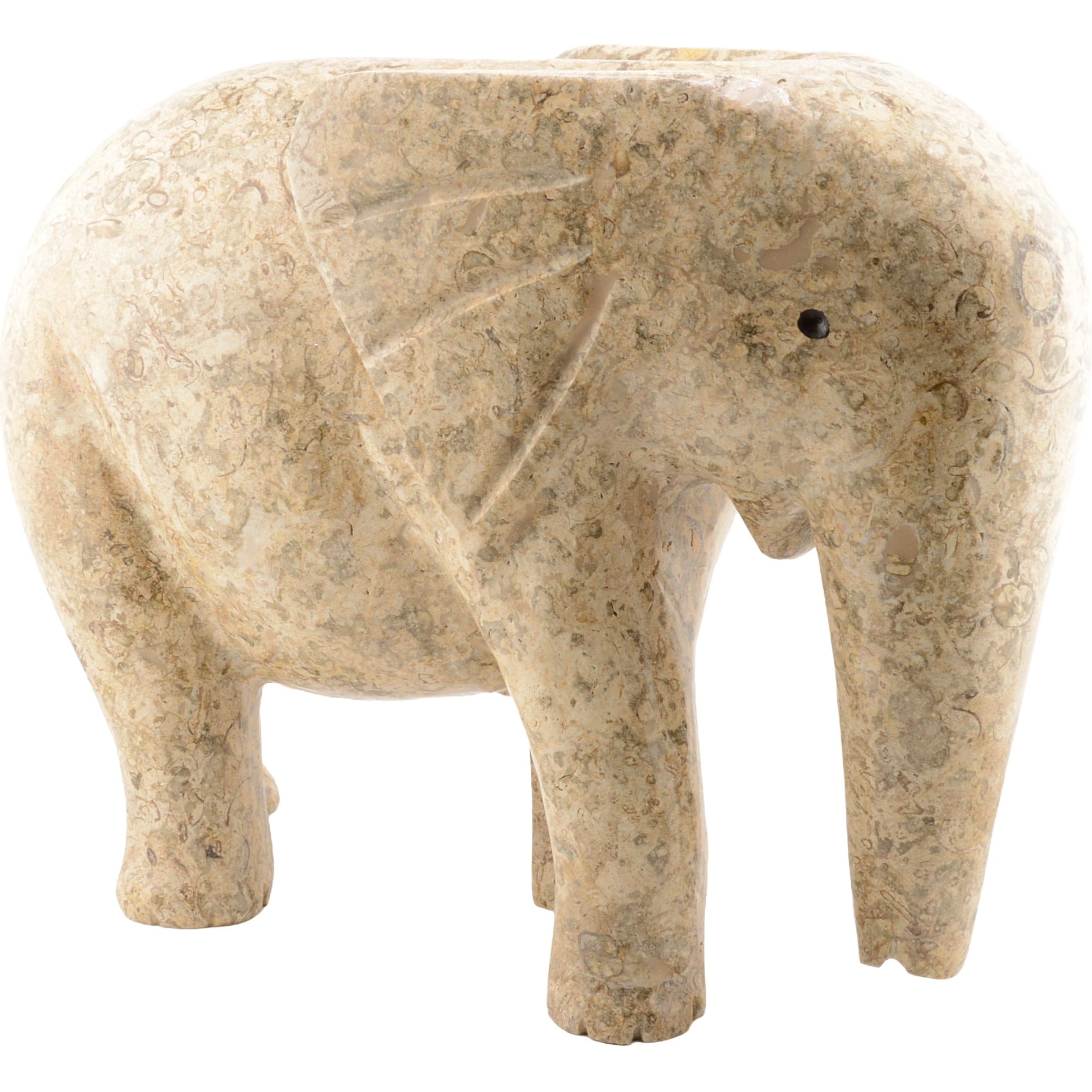 A carved elephant figurine made from natural beige and tan fossil stone, set against a plain white background.