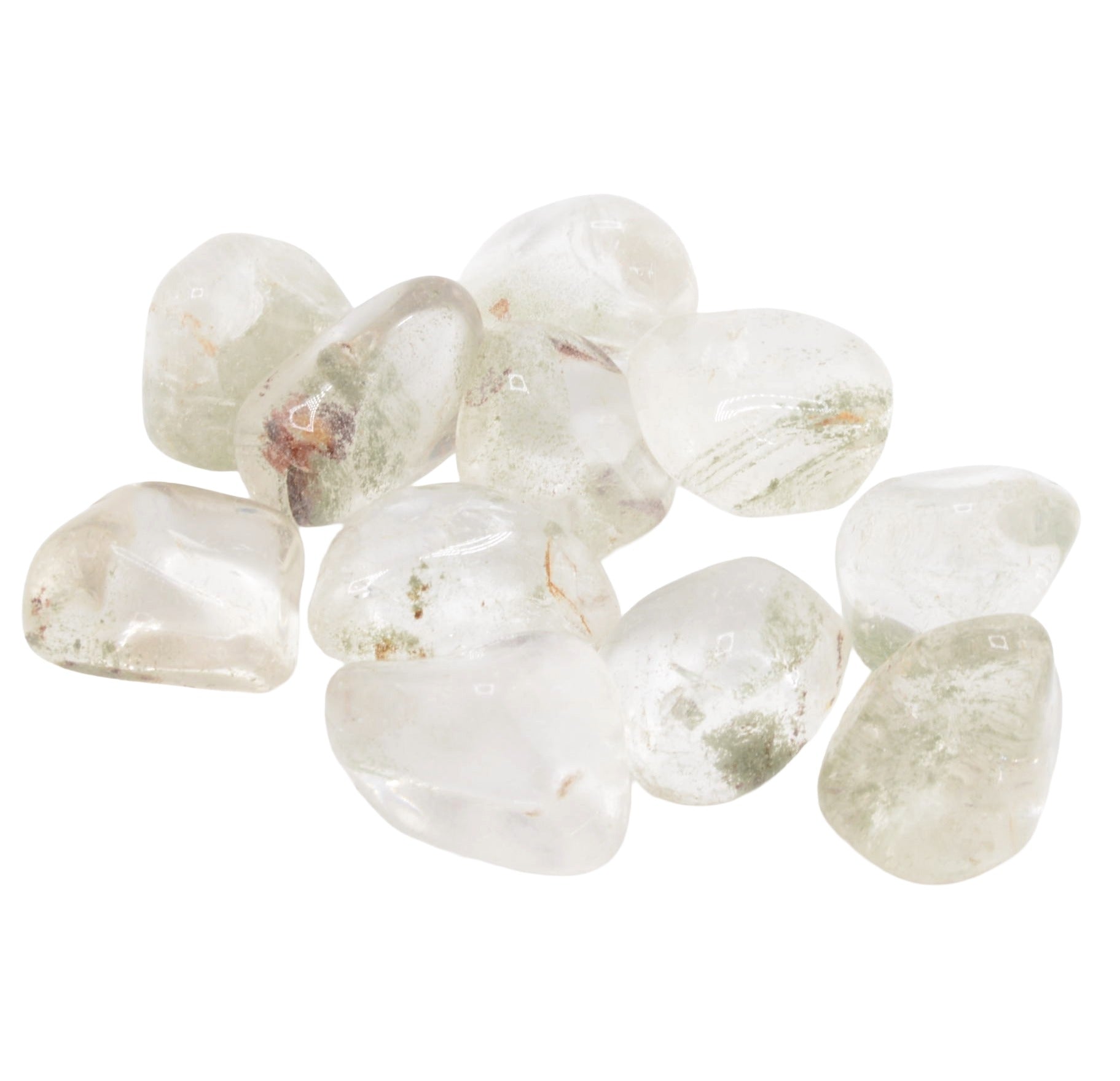 A cluster of polished garden quartz tumbled stones which are clear with inclusions, photographed on a plain white background.