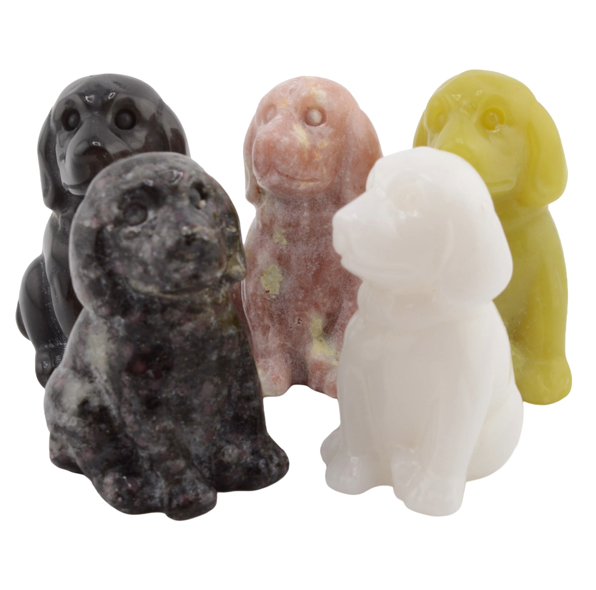 Five small dog-shaped gemstone figurines in different colors: black, dark gray speckled, pinkish beige, and pale yellow, arranged on a white background.