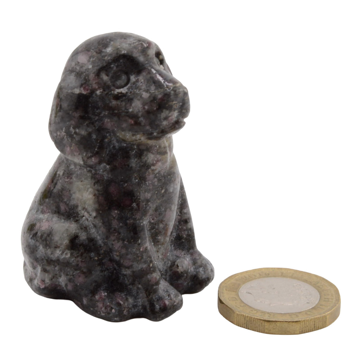 A small carved gemstone dog figurine in dark gray and black with natural marbling, shown next to a coin for scale on a plain white background.