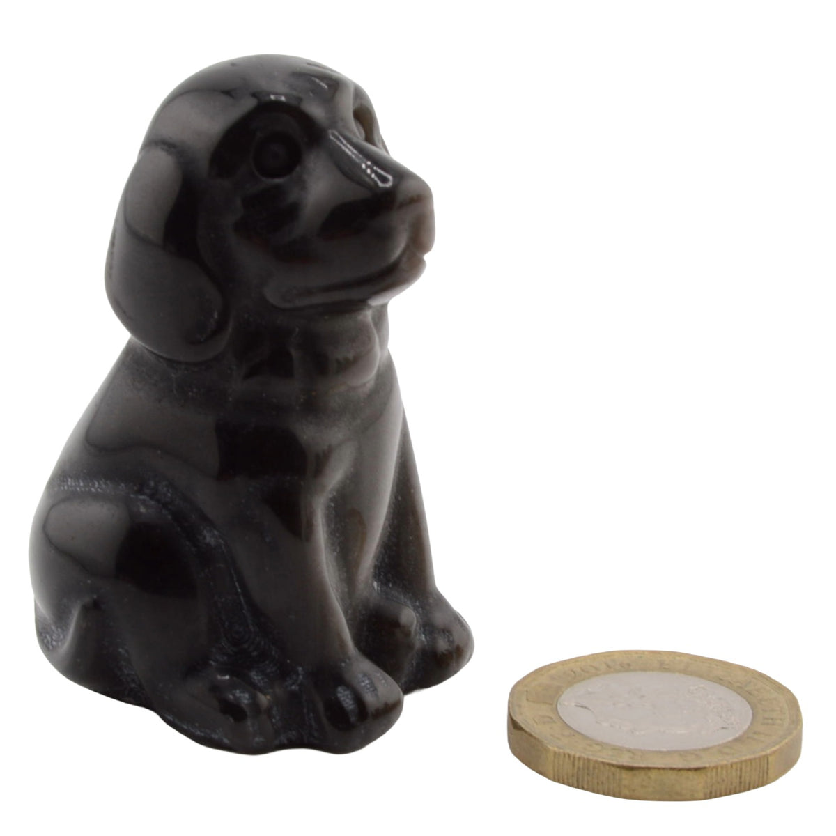 A small glossy black dog figurine shown next to a coin for scale on a plain white background.