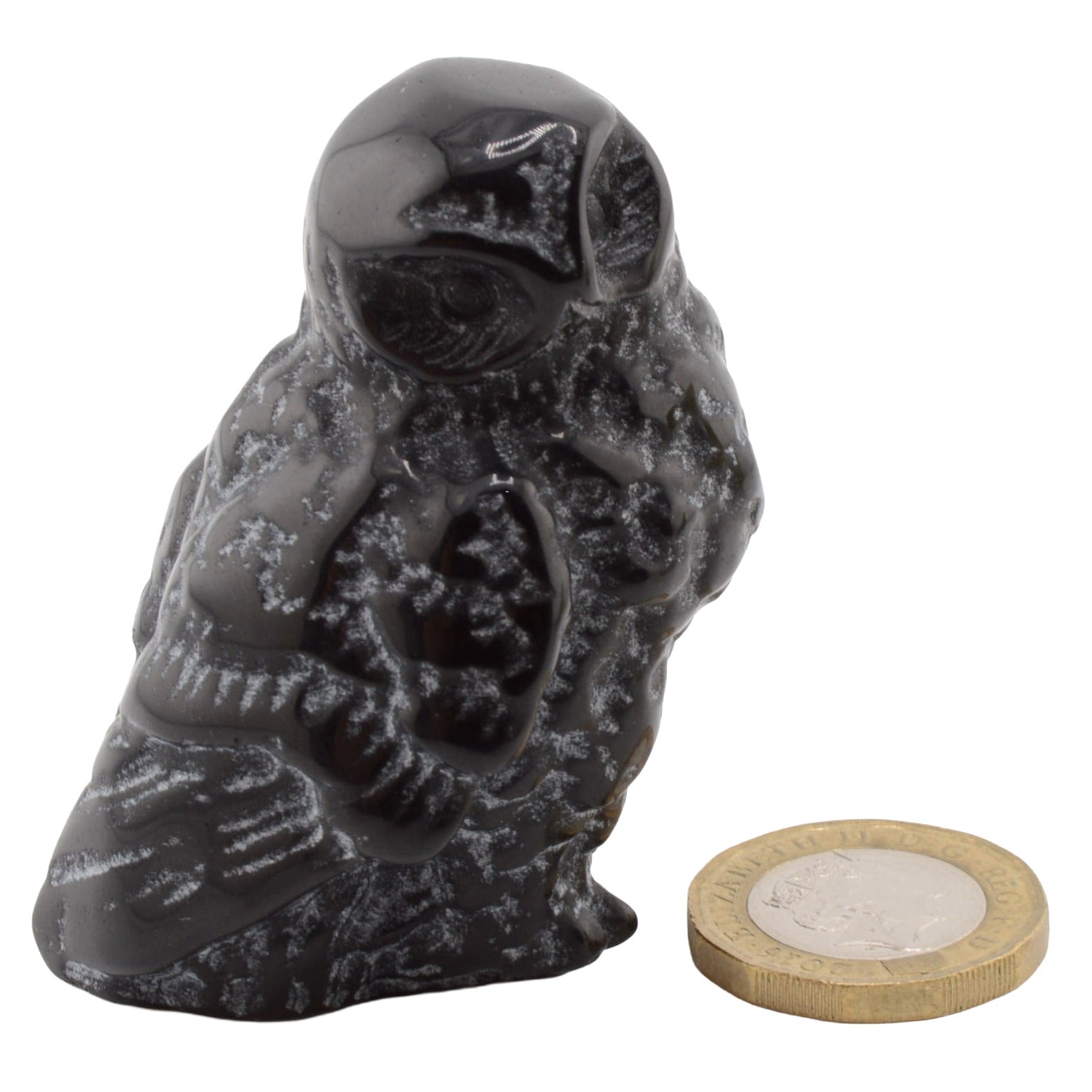 A small carved black stone owl figurine shown next to a UK coin for scale, on a plain white background.
