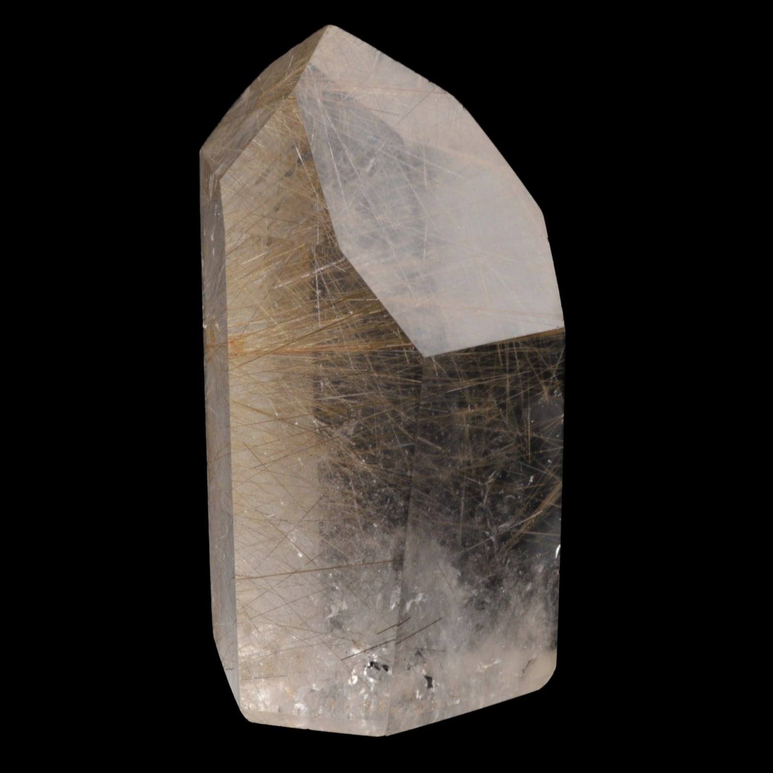 A natural golden rutile clear quartz crystal point with prominent golden needle inclusions, shown against a solid black background.