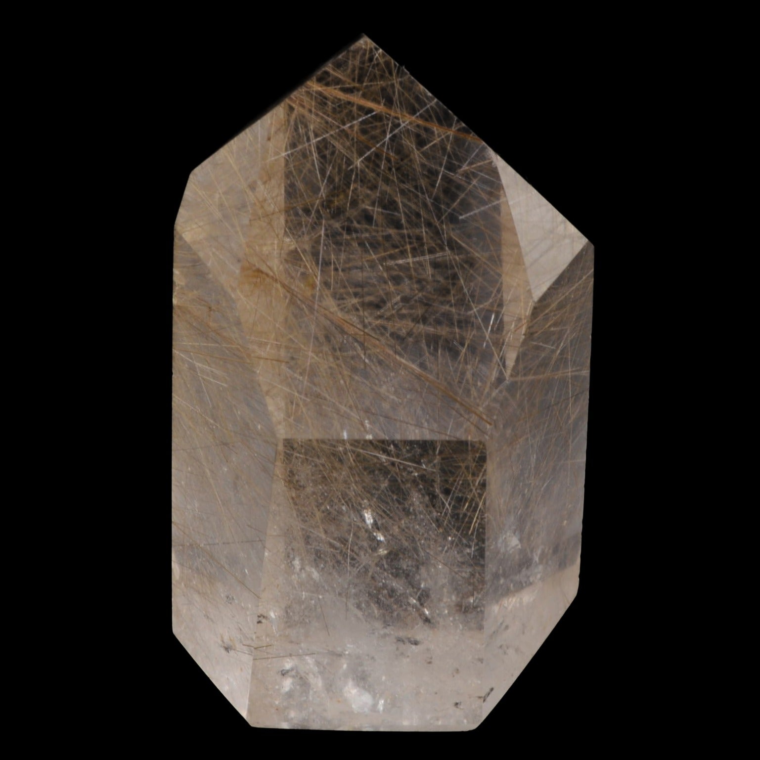 A natural golden rutile clear quartz crystal point with prominent golden needle inclusions, shown against a solid black background.