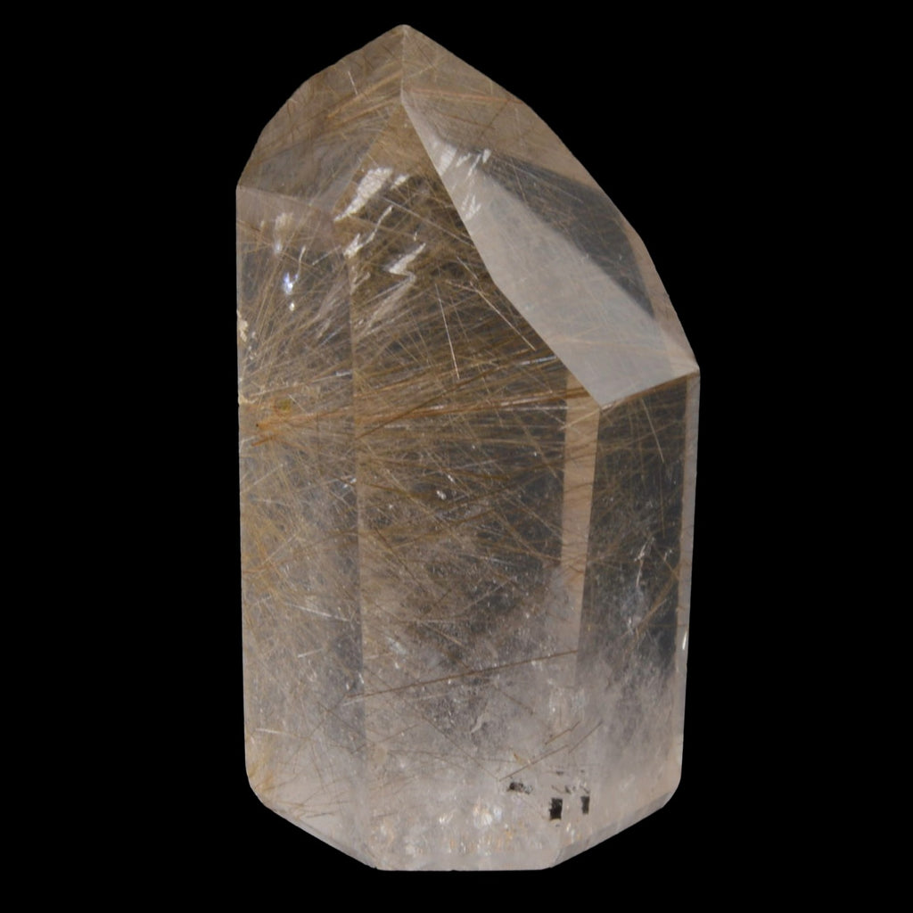 A natural golden rutile clear quartz crystal point with prominent golden needle-like inclusions, shown against a solid black background.