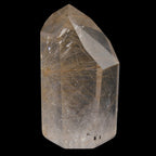 A natural golden rutile clear quartz crystal point with prominent golden needle-like inclusions, shown against a solid black background.