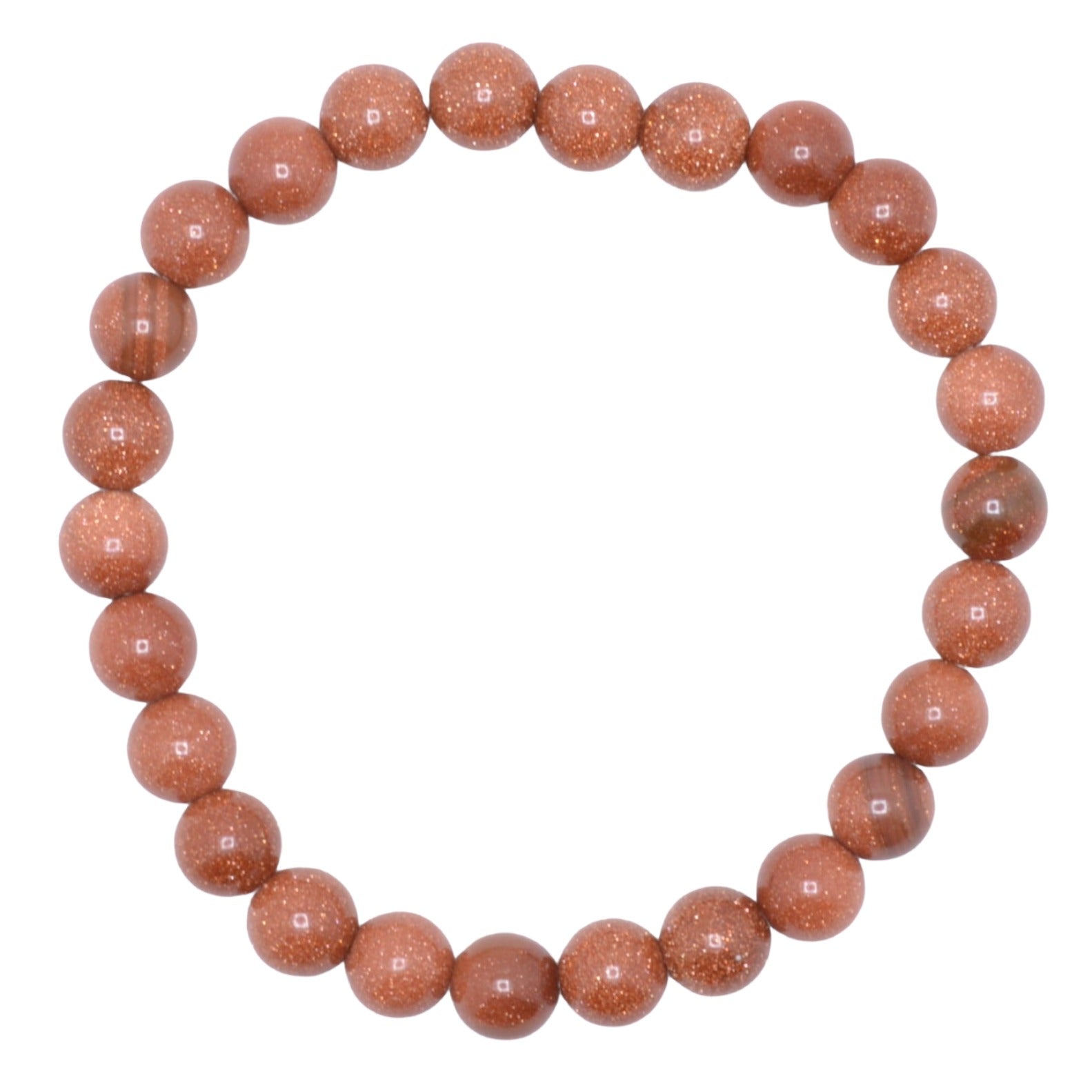 A beaded stretch bracelet made of goldstone gemstone beads with tiny golden sparkles, displayed on a clean white background.