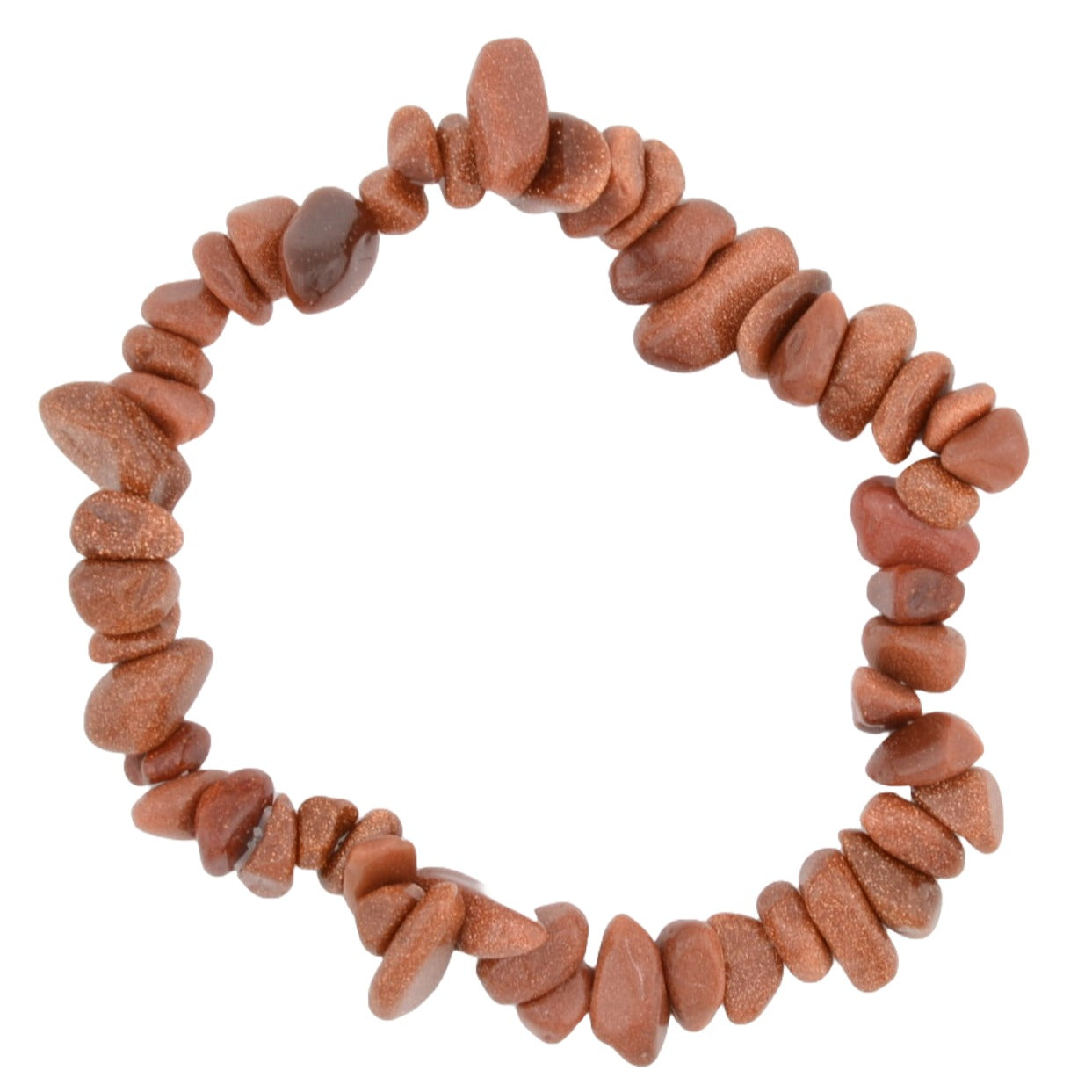 A beaded stretch bracelet made of small, irregular reddish-brown goldstone chips, arranged in a circle on a plain white background.