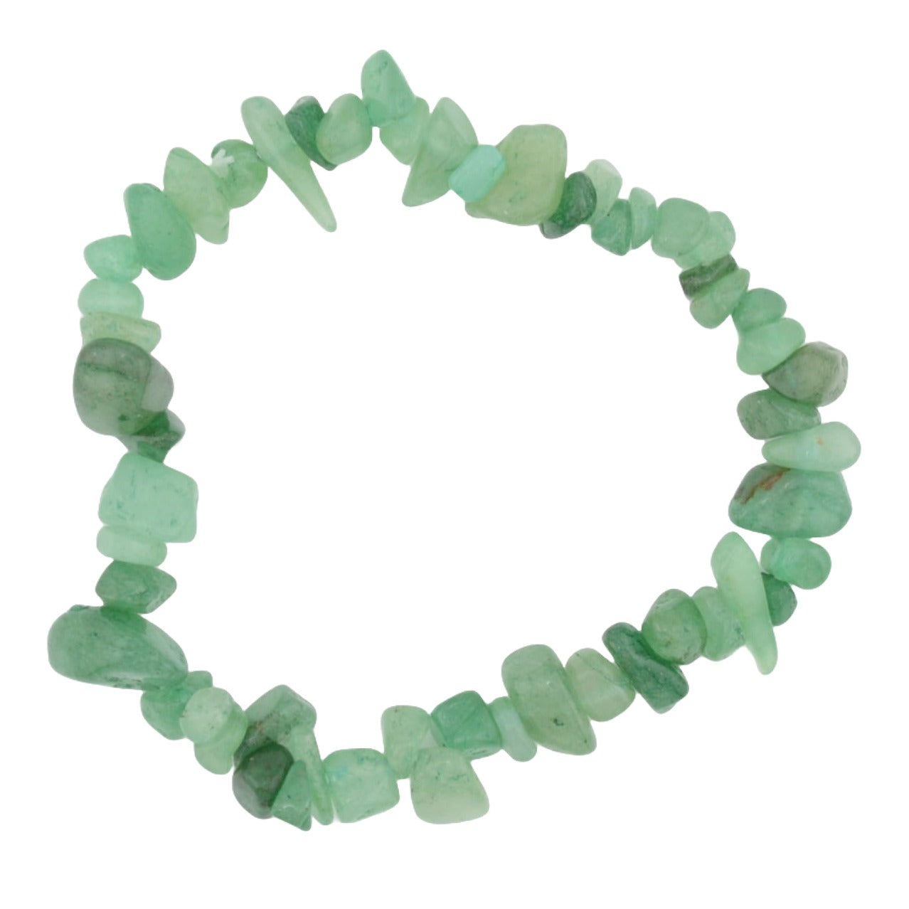 A beaded stretch bracelet made of small, polished green gemstone chips, displayed on a clean white background.