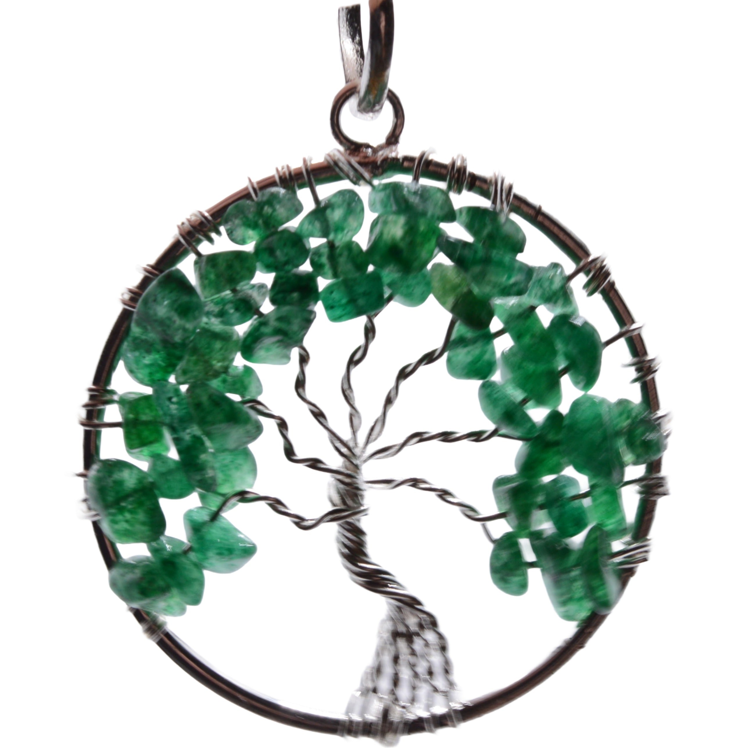 A circular tree of life pendant featuring green aventurine chip stones for the leaves, a silver wire trunk and branches, and a dark metal outer ring on a white background.