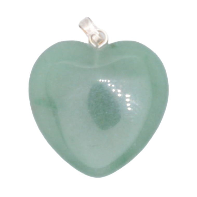 A heart-shaped light green aventurine gemstone pendant with a silver bail, shown on a plain white background.