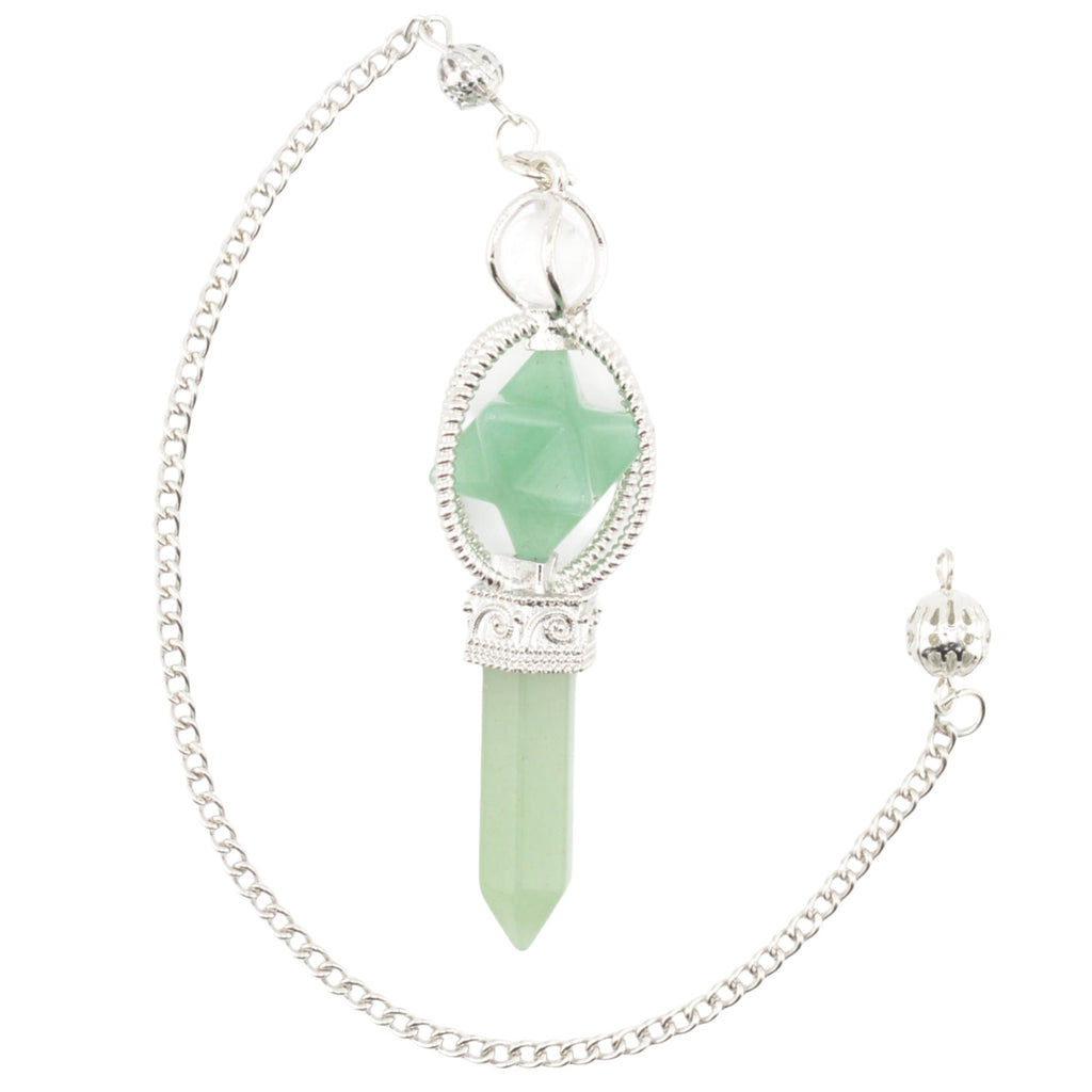 A green aventurine gemstone point & merkaba pendulum, featuring a silver chain with ball, set in a silver bezel on a white background.