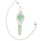 A green aventurine gemstone point & merkaba pendulum, featuring a silver chain with ball, set in a silver bezel on a white background.