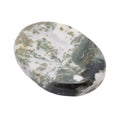 A polished oval-shaped natural green sardonyx worry stone with a marbled pattern of white, green, and dark gray, shown on a plain white background.