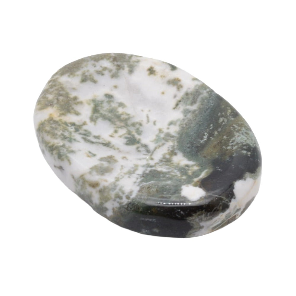 A polished oval-shaped natural green sardonyx worry stone with a marbled pattern of white, green, and dark gray, shown on a plain white background.