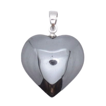 A polished Hematite heart-shaped pendant with a reflective metallic finish and a bail at the top, shown on a plain white background.