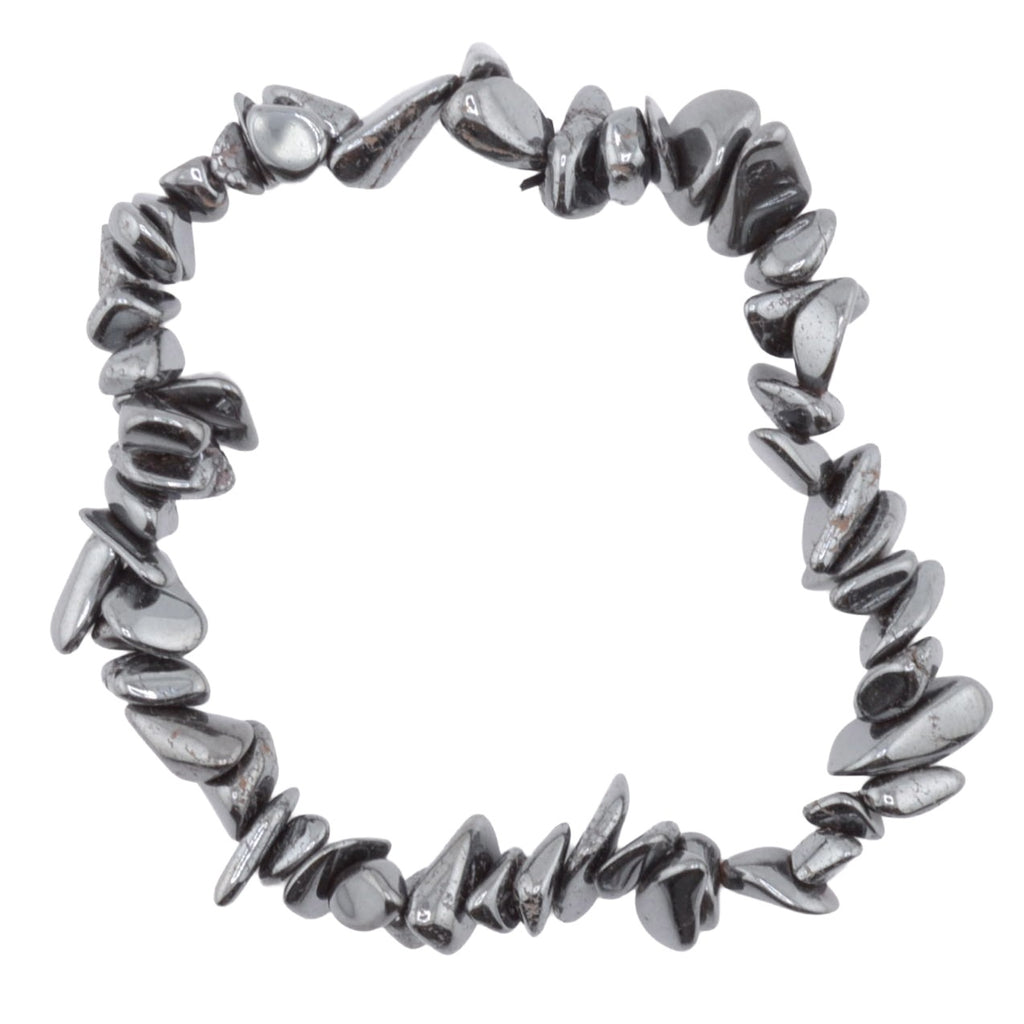 A metallic hematite silver stretch bracelet made of irregular, polished chip-style beads, shown on a plain white background.