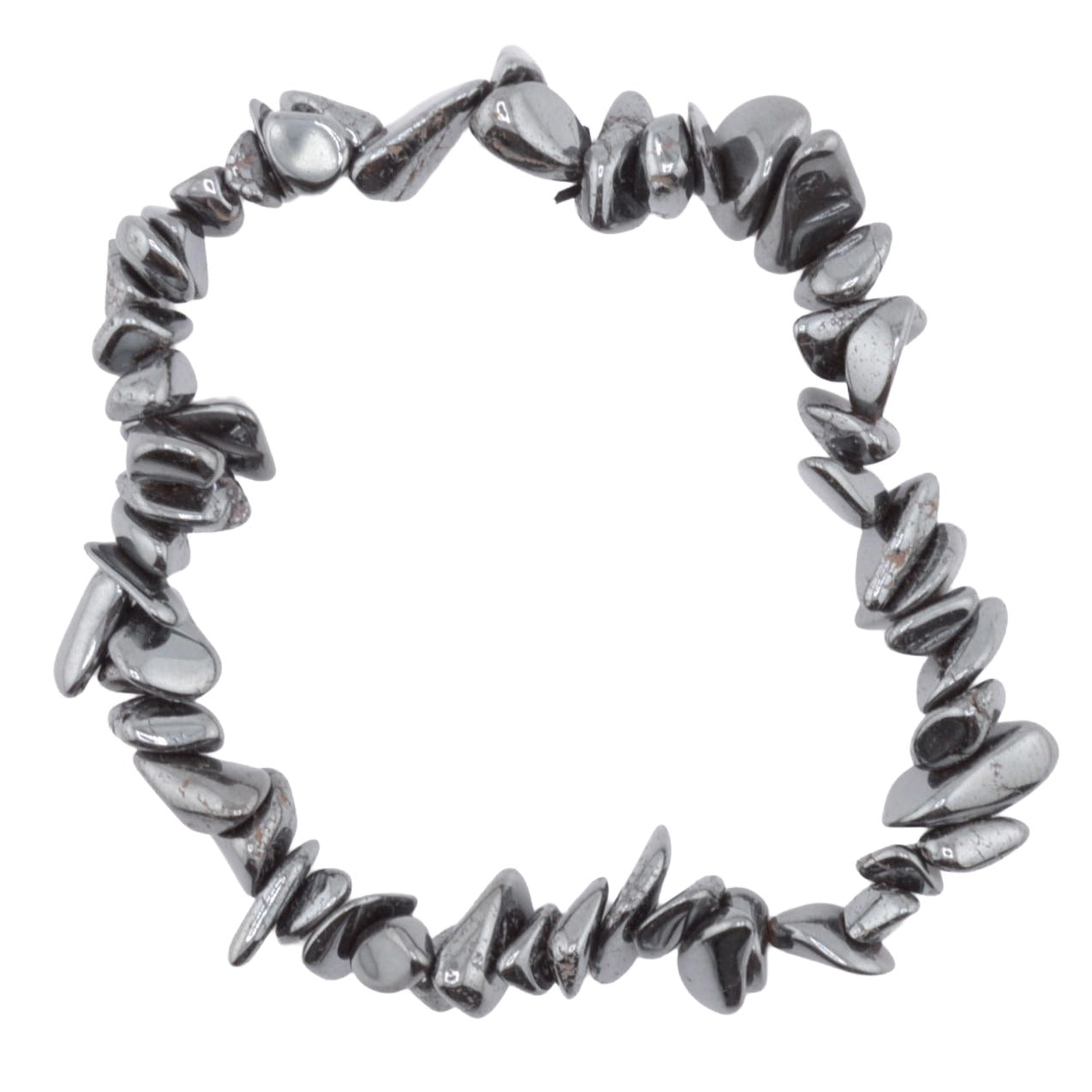 A metallic hematite silver stretch bracelet made of irregular, polished chip-style beads, shown on a plain white background.