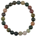 A beaded stretch bracelet made of polished round indian agate gemstone beads in multiple earthy colors including green, brown, red, black, and beige, arranged in a circle on a plain white background.